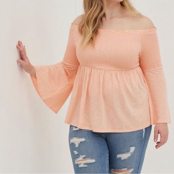 NWT Torrid Womens Shirt Blouse Orange Peach Bell Sleeve Smocked Plus Size 2X - Picture 1 of 9